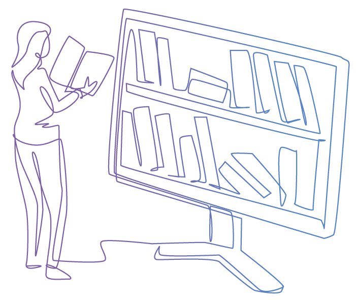 A line drawing of two women working at a computer. One woman is pointing at the screen while the other types. Above them are three interlocking gears and a paper airplane in flight, connected by a flowing line.