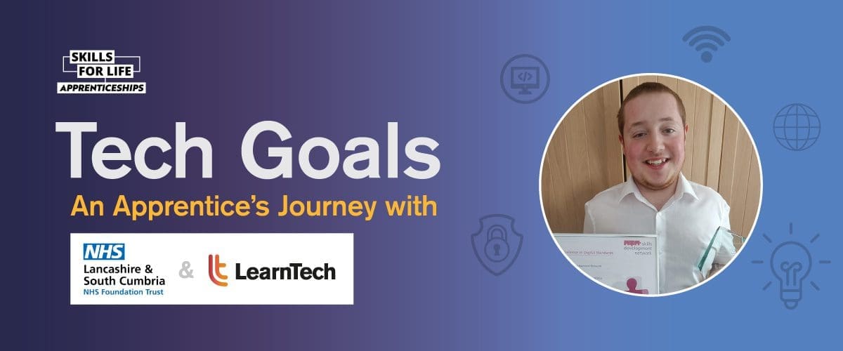 Illustrated banner with the text "Tech Dreams - An Apprentice’s Journey with Siemens Energy & LearnTech". The image features icons related to technology, such as light bulbs, chat bubbles, and Wi-Fi symbols, along with a sketch of a person pondering.