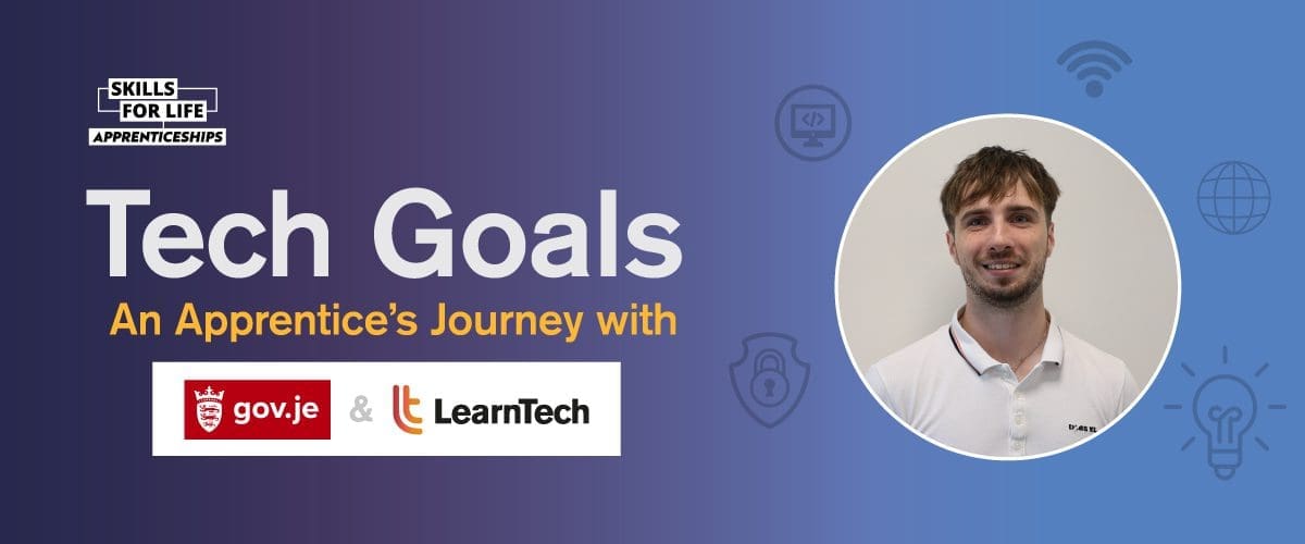 Illustrated banner with the text "Tech Dreams - An Apprentice’s Journey with Siemens Energy & LearnTech". The image features icons related to technology, such as light bulbs, chat bubbles, and Wi-Fi symbols, along with a sketch of a person pondering.