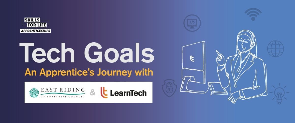 Illustrated banner with the text "Tech Dreams - An Apprentice’s Journey with Siemens Energy & LearnTech". The image features icons related to technology, such as light bulbs, chat bubbles, and Wi-Fi symbols, along with a sketch of a person pondering.
