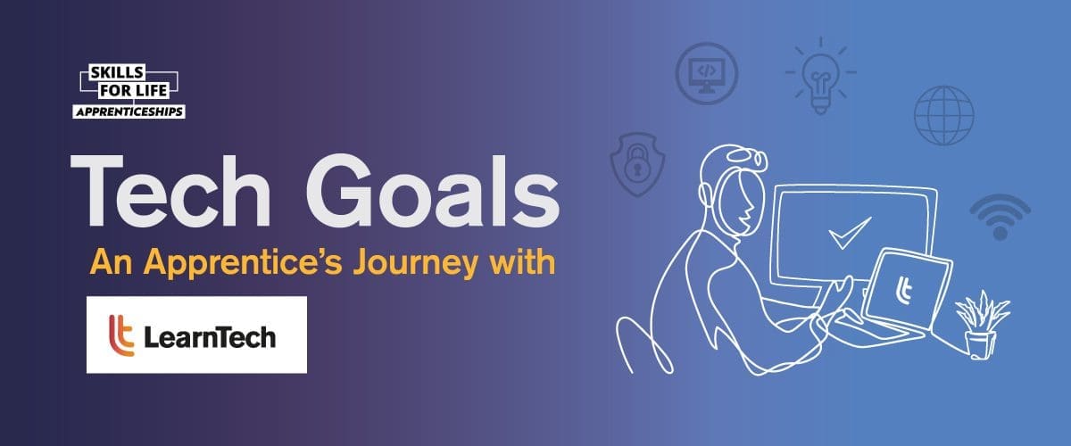 Illustrated banner with the text "Tech Dreams - An Apprentice’s Journey with Siemens Energy & LearnTech". The image features icons related to technology, such as light bulbs, chat bubbles, and Wi-Fi symbols, along with a sketch of a person pondering.